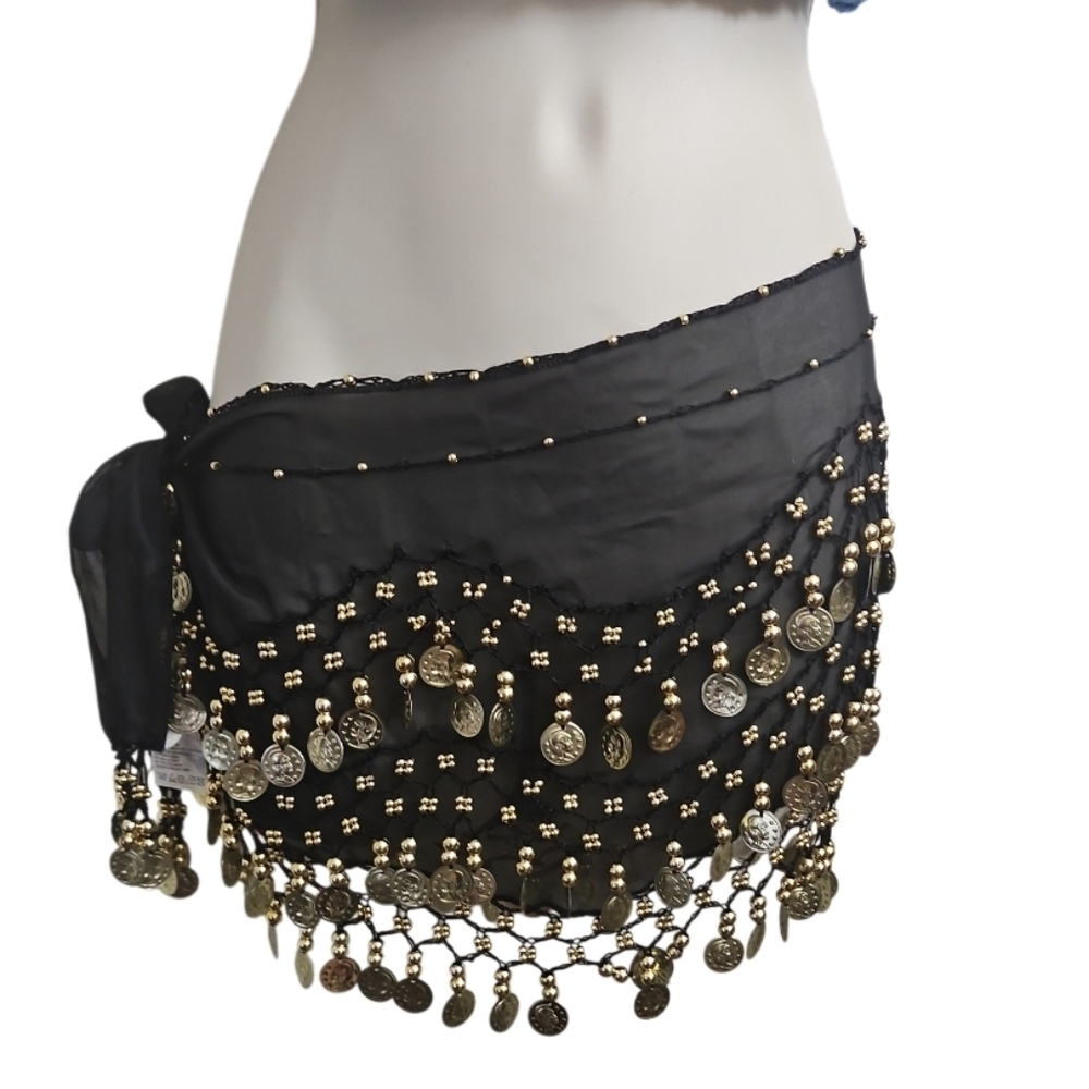 Belly Dance Scarf Shawl Skirt Hip Wrap Black Gold